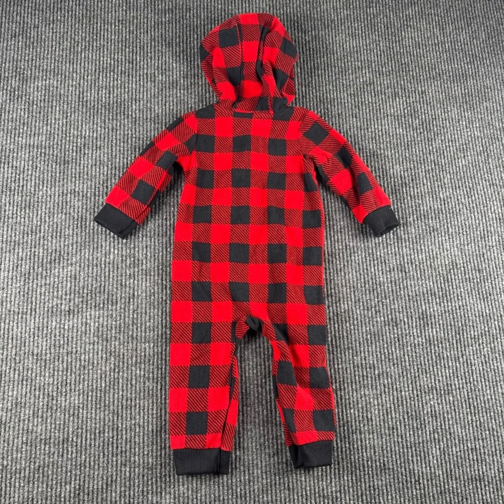 Carters Baby 12M Red Black Buffalo Plaid Fleece‎ Hooded Jumpsuit Romper 1I963610